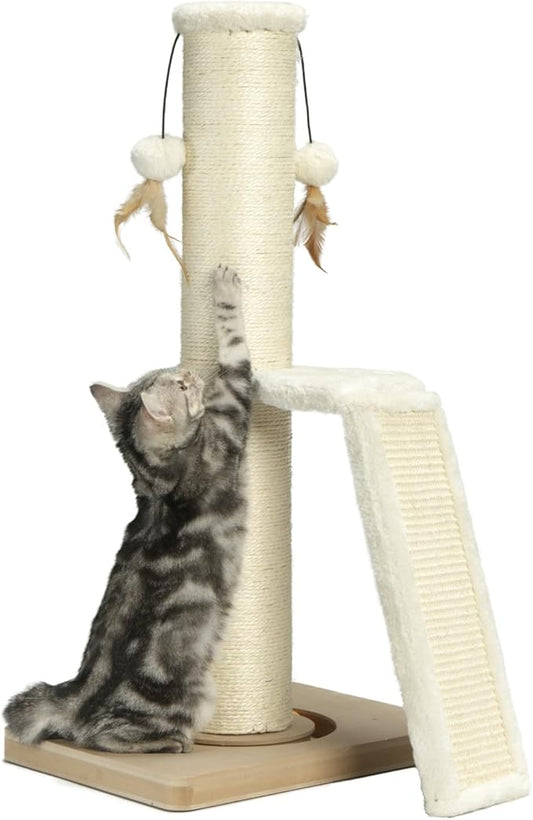 PEEKAB Cat Scratching Post,31" Tall Sisal Scratch Posts with Vertical Scratching Board for Cats and Kittens,with Track Ball and Hanging Feather Ball Toys,Beige