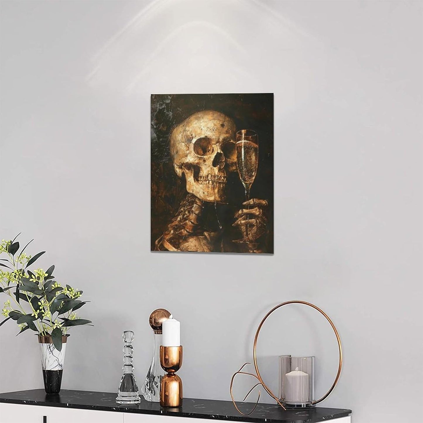 Quorin Gothic Skeleton Wall Art Goth Skull Champagne Wall Decor Dark Academia Pictures Horror Canvas Print Painting Artwork for Bathroom Living Room Bedroom 12"x16"