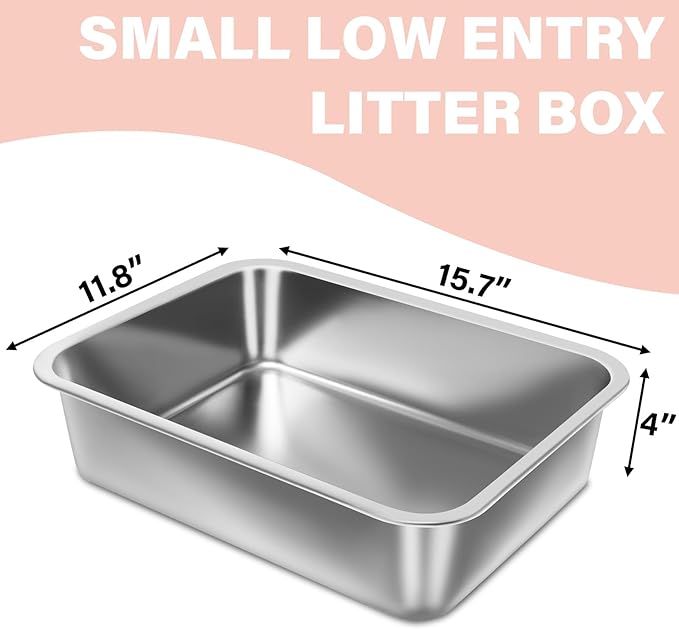 Stainless Steel Litter Box for Kitten, 15.7"×11.8"×4" Small Litter Box for Kittens Easy Entry, Non Odor, Easy to Clean, Metal Litterbox for Cat, Rabbit, Guinea Pigs and Hamsters