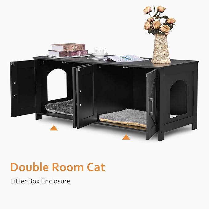 Homhedy Cat Litter Box Enclosure for 2 Cats, Litter Box Furniture Hidden with Double Room,Wooden Cat Washroom Furniture,Cat House,47.2”L x 19.7”W x 19.7”H,Black