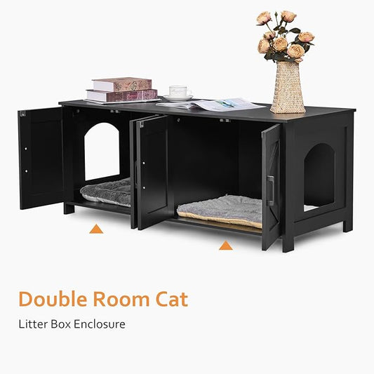 Homhedy Cat Litter Box Enclosure for 2 Cats, Litter Box Furniture Hidden with Double Room,Wooden Cat Washroom Furniture,Cat House,47.2”L x 19.7”W x 19.7”H,Black