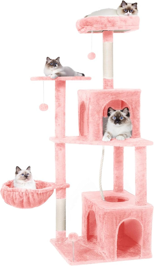 Cat Tree, 54-Inch Cat Tower for Indoor Cats,Plush Multi-Level Cat Condo with Scratching Posts, Basket, Perches,2 Caves,2 Pompoms(Pink)