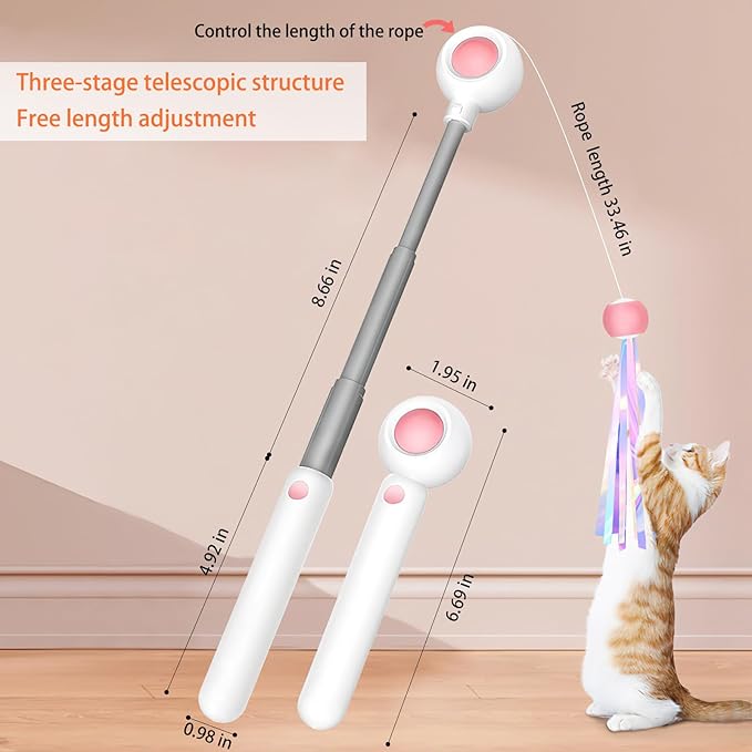Interactive Cat Toys — Semi-Automatic Retractable Wand Toy and 2 Extra Feather Toy Refills, for Indoor Cats to Chase, Play, and Exercise