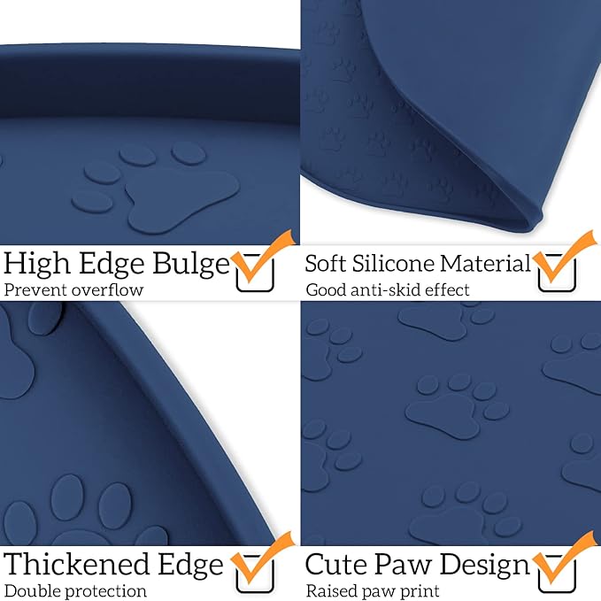 KPWACD Pet Feeding Mat for Dogs and Cats, Silicone Dog Placemat Non-Slip Waterproof Bowl Mats Prevent Food and Water Overflow, High-Lips Puppy Dish Tray Mat Suitable for Large Medium Small Pets, Navy