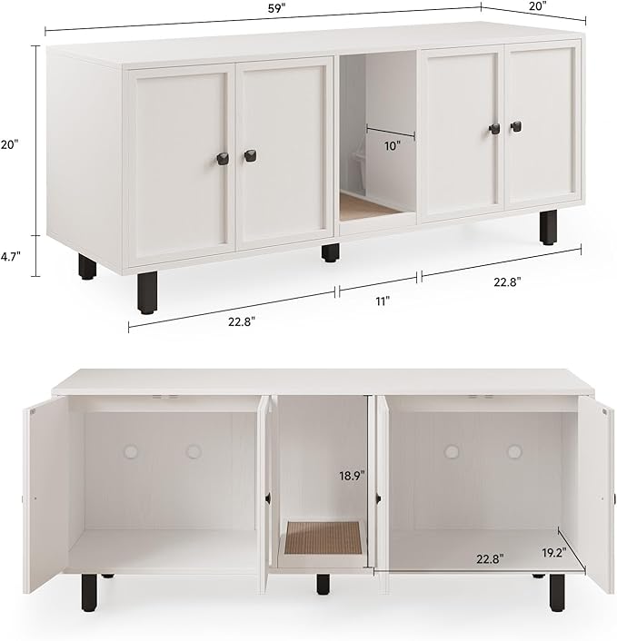 59 Inches Cat Litter Box Enclosure for 2 Cats, Hidden Litter Boxes Furniture with Cat Scratch Pad, Large Indoor Pet House with Double Room, Wooden TV Stand Side Table, Off White