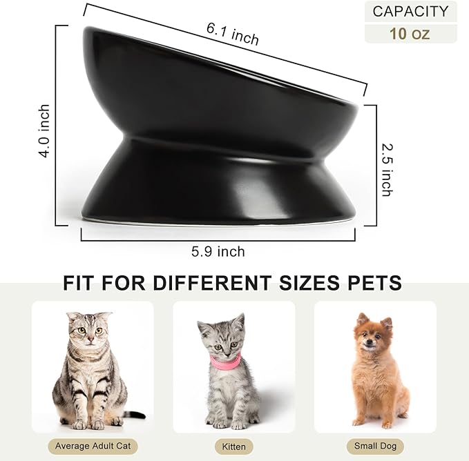 YauYik Ceramic Raised Cat Bowl - Cat Food Bowl Elevated Tilted for Short Leg Cats and Small Dogs - 6 Inches Whisker Friendly Pet Bowl Dish, Reduce Neck Burden Feeding Bowl, Black, 10 Oz