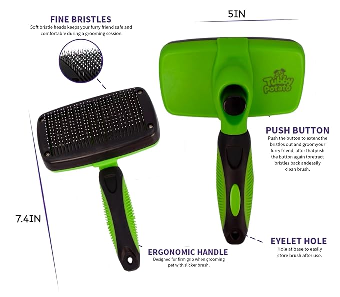 Tubby Potato™ Self Cleaning Slicker Brush - Deshedding Brush for Long and Short Haired Pets. Comfortable and Safe for Senitive Skin. Great for Dogs, Cats, and other Small Animals- Green
