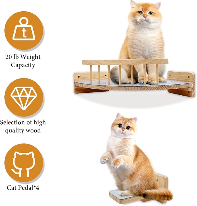 Cat Wall Shelves with 4 Step Scratch Post & Hammock Bed Wooden Floating Climbing Furniture for Sleeping and Playing Indoor Cat Climbing Shelf Corner Shelf Perches Support 20 LBS