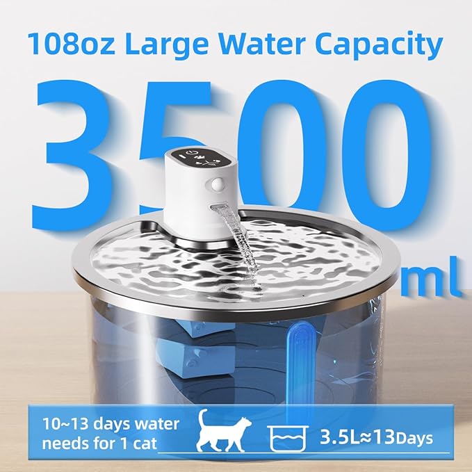 Stainless Steel Wireless Cat Water Fountain 3.2L/108oz Automatic Cat Water Dispenser 4000mAh Battery Operated Large Capacity Pet Water Fountains for Cats Dogs