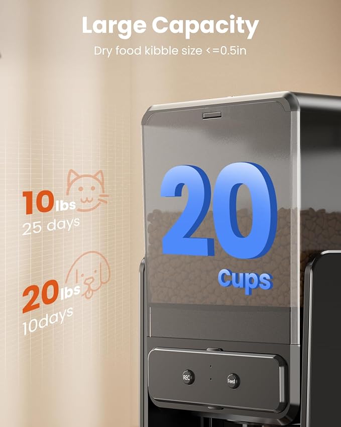 Automatic Cat Feeder with 5G WiFi for 2 Cats, Adjustable Height for Small Pets, Dual Bowls, 20 Cups/5L Dry Food Auto Pet Dispenser, Voice Record, Timed Cat Feeder with APP Control
