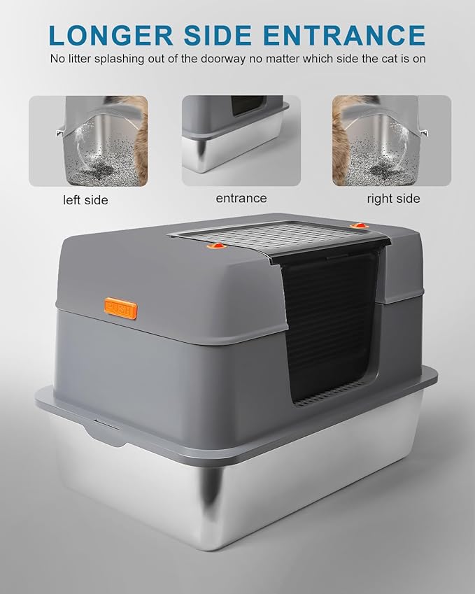 Stainless Steel Enclosed Cat Litter Box with Lid，Covered Metal Kitty Litter Box with Litter Mat and Odor Reduction Pack(2kg), Metal Scoop，Switchable Design, Easy Clean (Litter Box Grey)