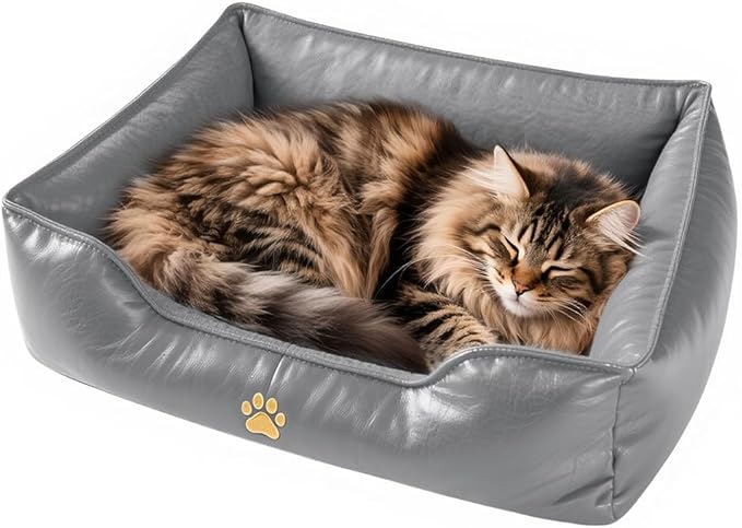 Premium Leather Cat Bed for Indoor Cats Premium Small Dog Bed Pet Nest with Anti-Slip Base Ultra Soft Texture for Comfortable Rest 24 × 18 × 9 inch Grey