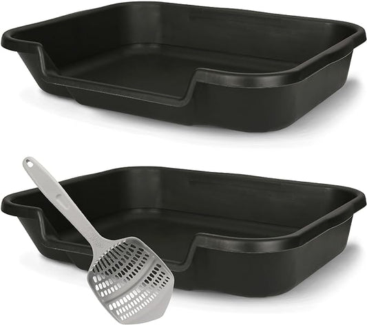 KittyGoHere Senior Cat Litter Box 2 Pack, Large Black Low Entrance Kitty Litter Box, Sized for Cats Comfort, Perfect for Senior and Arthritic Cats, Made in USA – Includes Long-Handle Jumbo Scoop