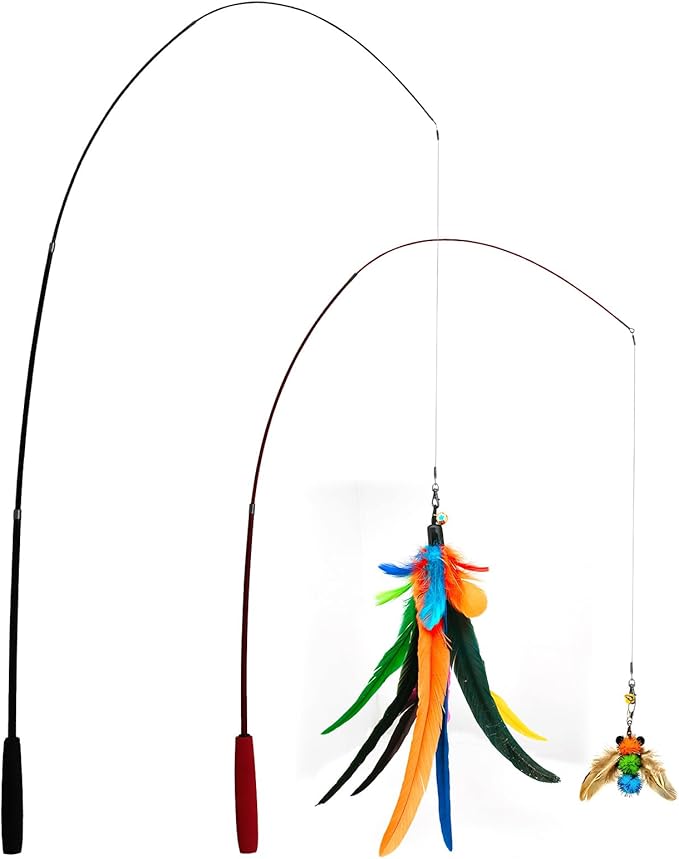 Cat Toys Interactive for Indoor Cats, 2PCS Ultra-Long Teaser(50"+38")+9PCS Da Bird Feather Refills, Fishing Pole Toy,Retractable Cat Wand Toy and Feather Toys Refills Attachment Replacement