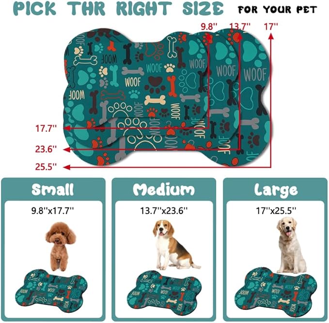 Dog Food Mats for Floors Waterproof, Pet Feeding Absorbent Water Bowl Mat Cat Placemats Green Bone Shape 19 * 12 inch