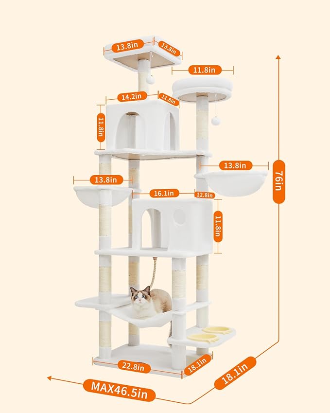 Taoqimiao 76-Inch Cat Tree Cat Tower for Indoor Cats, Plush Multi-Level Cat Condo with 12 Scratching Posts, 2 Perches, 2 Caves, Hammock, 2 Pompoms MS016C Cream White