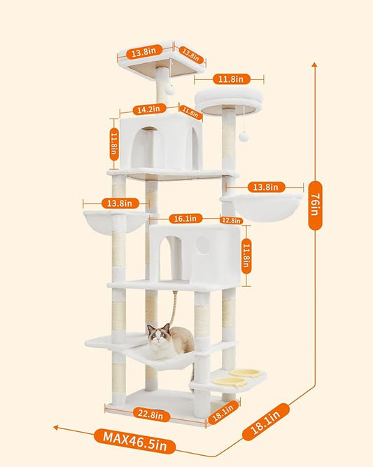 Taoqimiao 76-Inch Cat Tree Cat Tower for Indoor Cats, Plush Multi-Level Cat Condo with 12 Scratching Posts, 2 Perches, 2 Caves, Hammock, 2 Pompoms MS016C Cream White