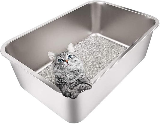 Yangbaga Stainless Steel Litter Box for Cat and Rabbit, Large Size with 8in High Sides and Non Slip Rubber Feet. Odor Control, Non Stick Smooth Surface, Easy to Clean, Never Bend
