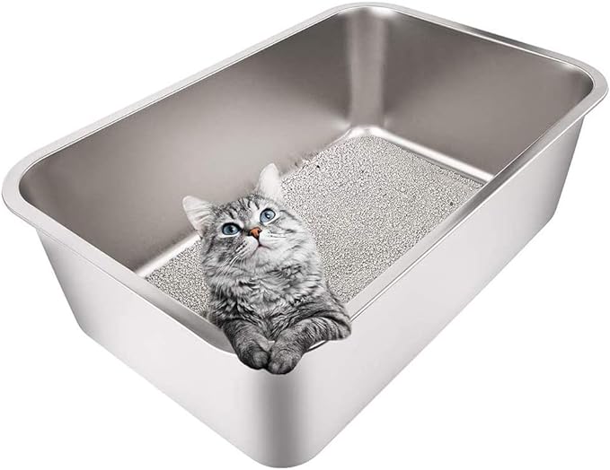 Yangbaga Stainless Steel Litter Box for Cat and Rabbit, Large Size with 8in High Sides and Non Slip Rubber Feet. Odor Control, Non Stick Smooth Surface, Easy to Clean, Never Bend