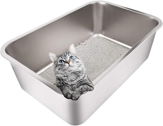Yangbaga Stainless Steel Litter Box for Cat and Rabbit, Large Size with 8in High Sides and Non Slip Rubber Feet. Odor Control, Non Stick Smooth Surface, Easy to Clean, Never Bend