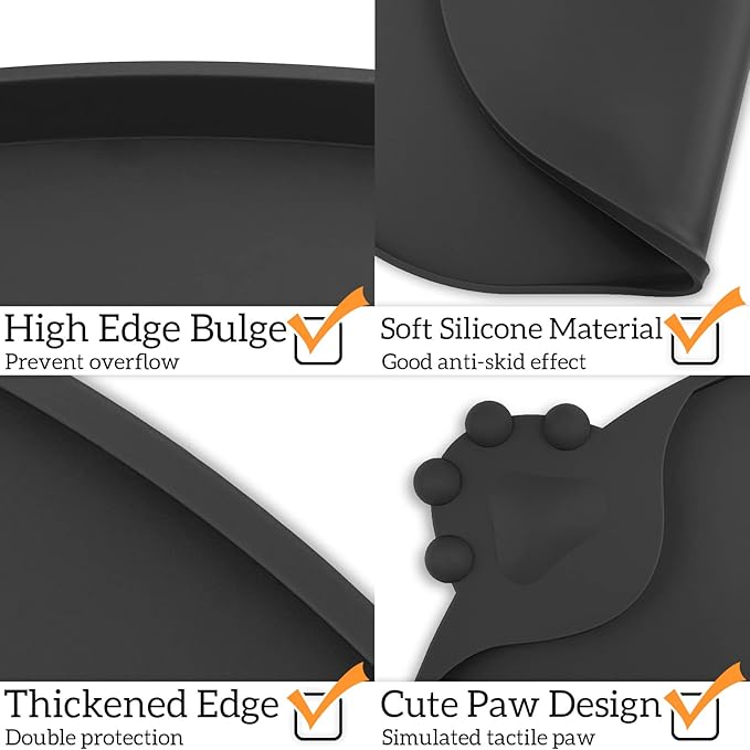 KPWACD Pet Placemat for Dog and Cat, Waterproof Silicone Dogs Feeding Bowl Mat Prevent Food and Water Overflow, High-Lips Puppy Dish Mats Suitable for Small Medium Big Pets, Black, 24" * 16"