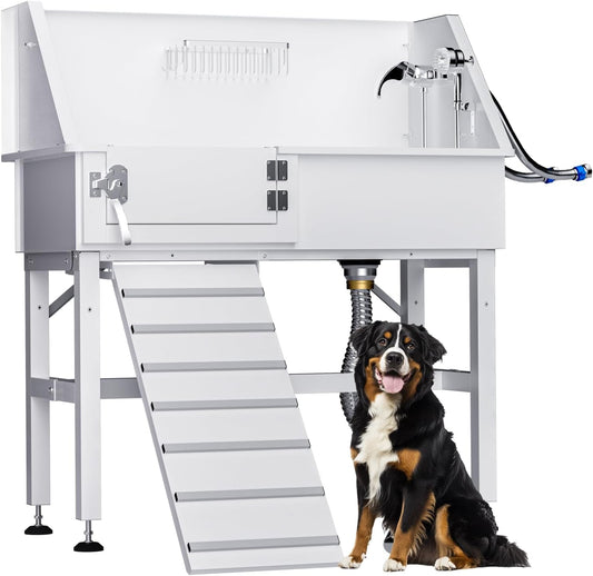 Dog Washing Station for Home, 38" White Professional Stainless Steel Dog Grooming Tub, Height Adjustable Dog Bathing Station, Upgrade Parts, Dog Bath Tubs for Small & Medium Dogs(Left Ramp)