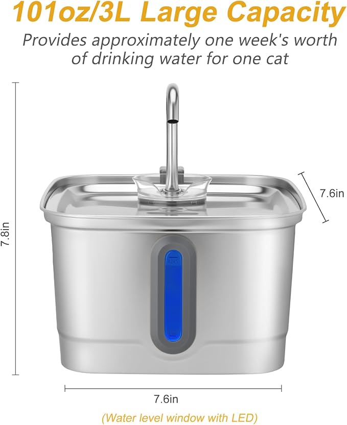 Stainless Steel Cat Water Fountain, 101oz/3L Automatic Pet Water Fountain, Dog Water Fountain with Replacement Filters for Cats, Small Dogs (8 Filters and 8 Sponges)