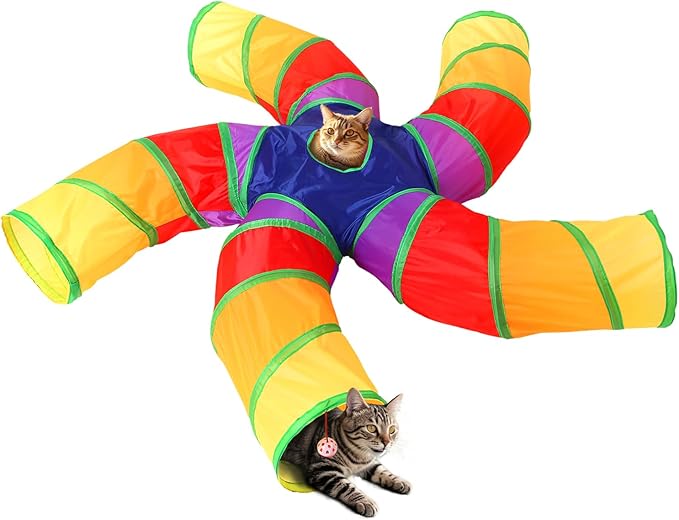 ‌Coolcandy Cat Tunnel & Interactive Cat Toy Indoor, Curved 5 Way Tunnel Toys for Indoor Cats, Collapsible Interactive Peekaboo Cave with Play Ball, for Multi-Way Play & Small Animals