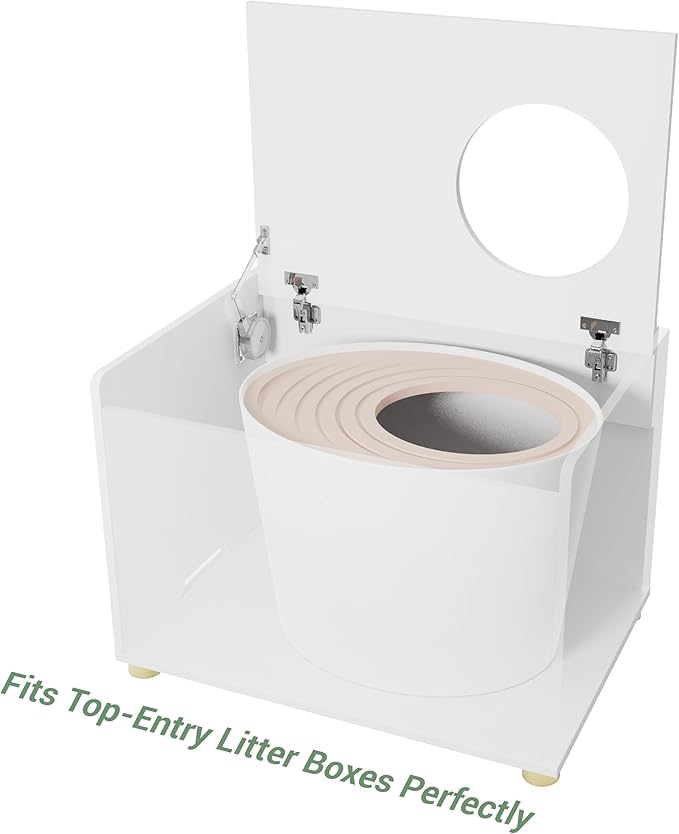 Top Entry Litter Box Enclosure, Modern Flip Top Litter Box Furniture with Cat Scratch Mat, Side Table (White)