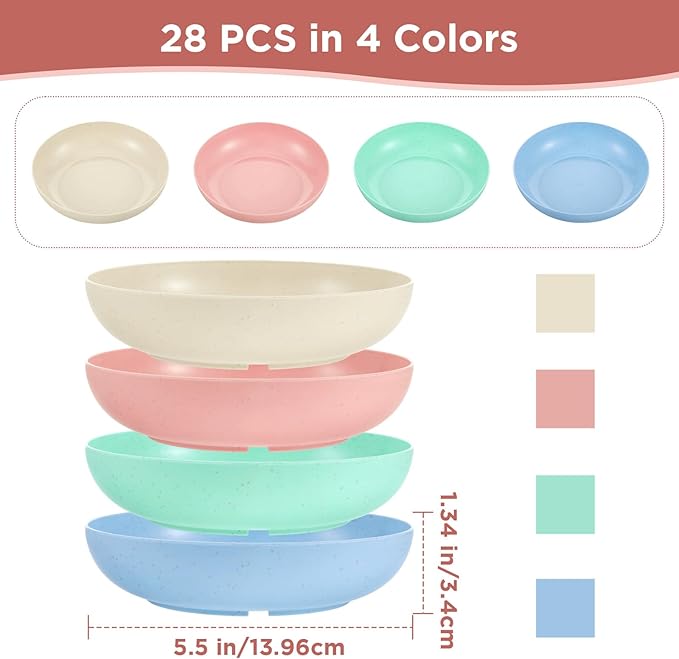 28 Pcs Whisker Fatigue Relief Cat Bowl, Shallow Wide Food Dish Cat Feeding Bowl for Kittens Ferrets, 5.5 Inch Wheat Straw, 4 Colors