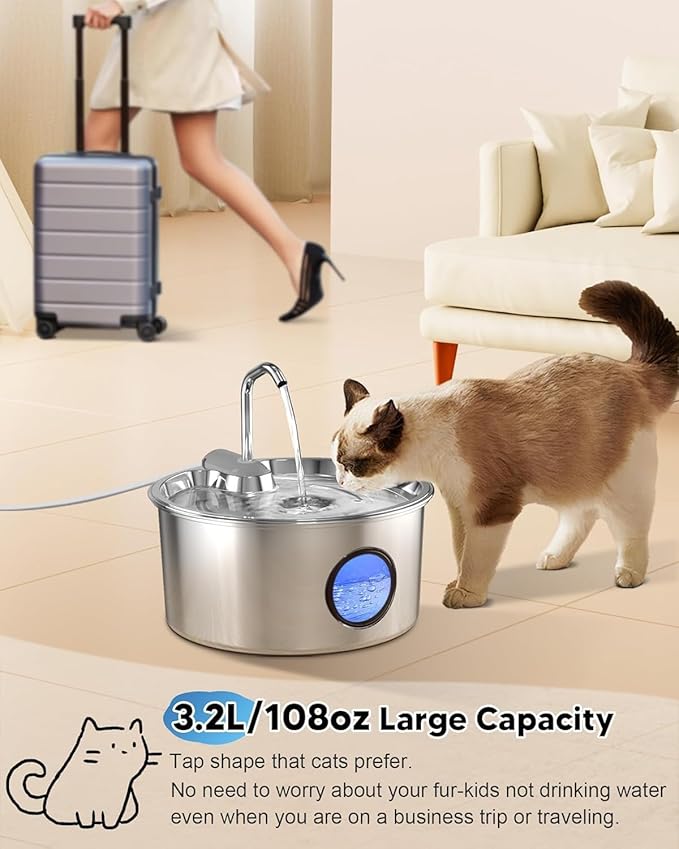 Cat Water Fountain Stainless Steel - 108oz/3.2L Automatic Cat Water Fountain for Drinking with 3PCS Filters, Metal Pet Water Fountain Water Dispenser for Cats, Dogs, Multiple Pets
