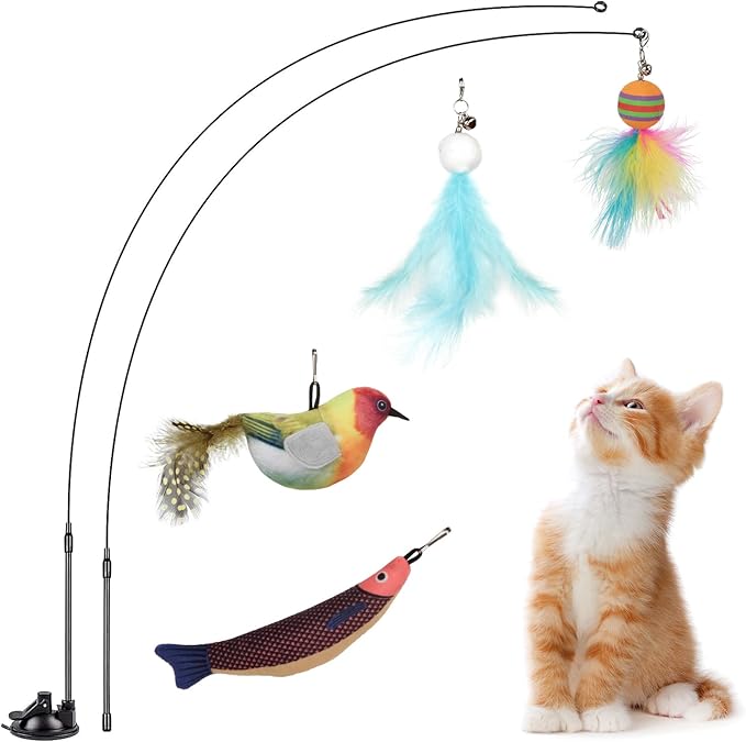 Cat Toys for Indoor Cats,Interactive Cat Toys for Bored Indoor Adult Cats 7 Pack Cat Teaser Cat Toys, 2 Pack Flexible Steel Wire and 4 Pcs Replacement Feather Refills with Balls and Birds