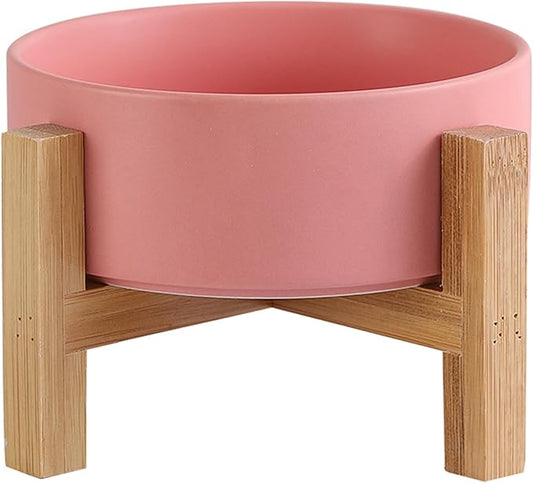 Elevated Ceramic Cat Bowl - Cat Food Bowl with Bamboo Stand - Raised Dog Dish for Puppies - Anti Vomiting, Stress Free - 13.5 oz / 400 ml - Pink