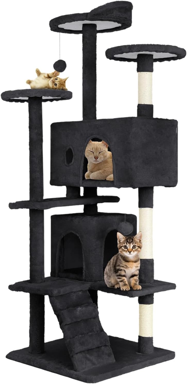 54.7 inches Cat Tower for Indoor Cats, Multi-Level Cat Condos with Scratching Posts, Hanging Toys, Dark Gray