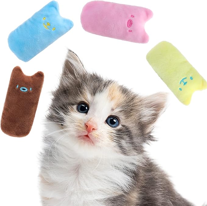 Nobleza Kitten Toys for Indoor Cats, 4 Pack Catnip Cat Teething Chew Toys with Crinkle Paper, Soft Plush Interactive Toy Funny Cute Birthday Gift for Kitty Kicking & Playing, Brown/Blue/Pink/Yellow