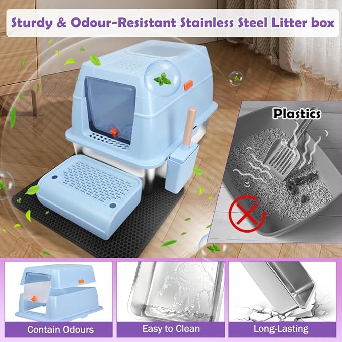 XL Stainless Steel Litter Box, Easy-Clean with Top Exit Design, Odor Control Litter Box with Fully Enclosed Design & Activated Charcoal Space, Trapping Box & Scoop Included (Blue)