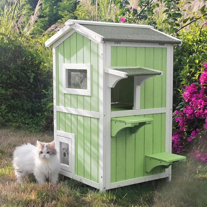 Outdoor Cat House Shelter Weatherproof, Two Story Wooden Outside Feral Cat House with Openable Roof, Escape Door