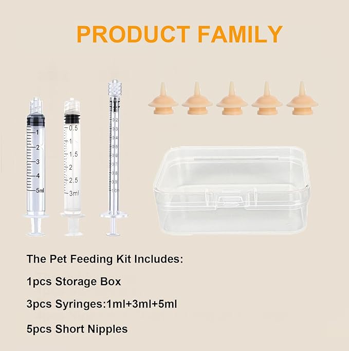Pet Feeder Syringe, Newborn Animal Feeder Syringe Pet Feeding Nursing Syringe Silicone Feeding Pacifier,Pet Feeding Nipple for Kitten and Puppy (1ml+3ml+5ml Feeder & 5 Small Nipples)