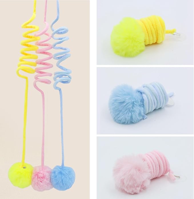 3 Pcs Hanging Fluffy Cat Ball Toys with Bell, Interactive Cat Teaser Retractable Toys Indoor Kitten Chasing and Playing