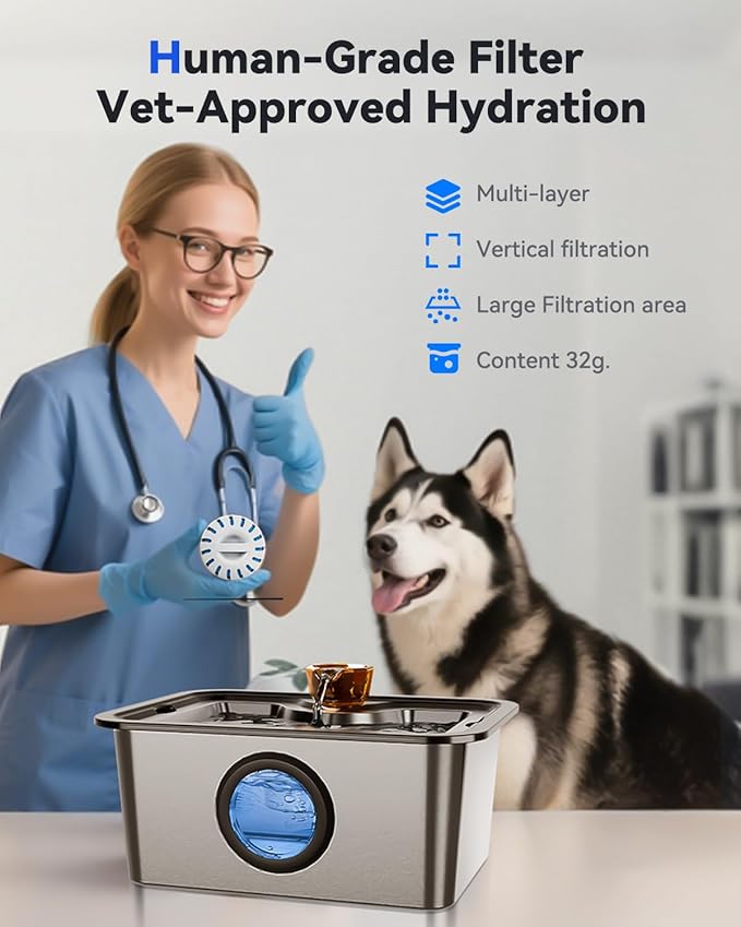 12L/3gal Stainless Steel Large Dog Water Fountain for Large Dog, Electric Pet Water Dispenser with Water Level Window&LED, Cat and Dog Fountain Water Bowl for Multi-Pet Home,Super Quiet