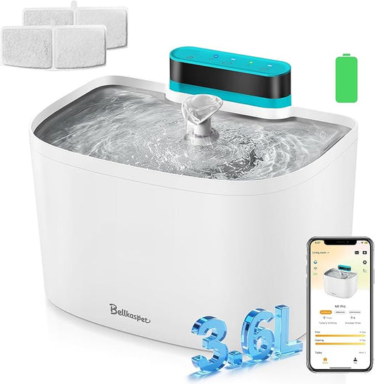 Cat Water Fountain, App Control Cat Fountain, 122oz/3.6L Pumpless Water Fountains for Cats Indoor with Stainless Steel Tray, Wi-Fi Dog and Pet Water Fountain (White, Fountain+2 Fliters)