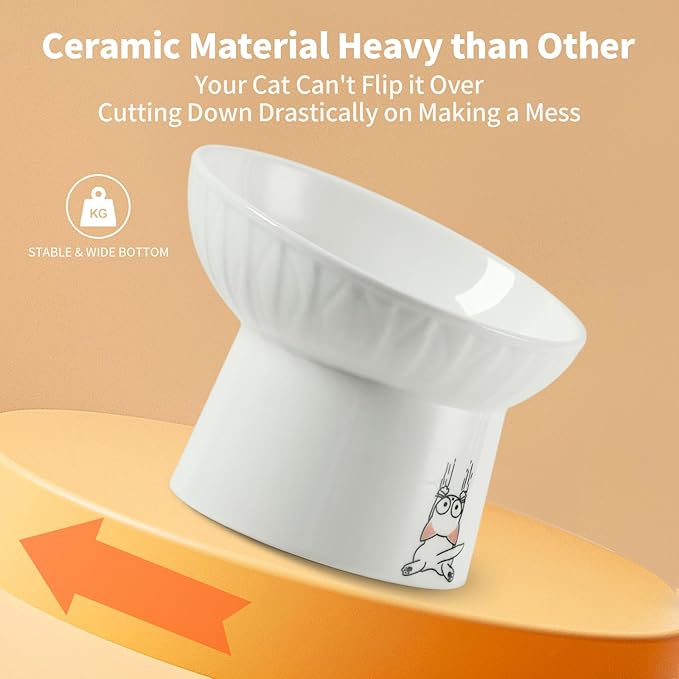 OMAYKEY 6.5 Inch Extra Wide Elevated Cat Bowls, Ceramic Raised Tilted Cat Bowl for Food and Water, Porcelain Pet Feeder Dishes for Cats & Dogs, Whisker Fatigue, White & Green