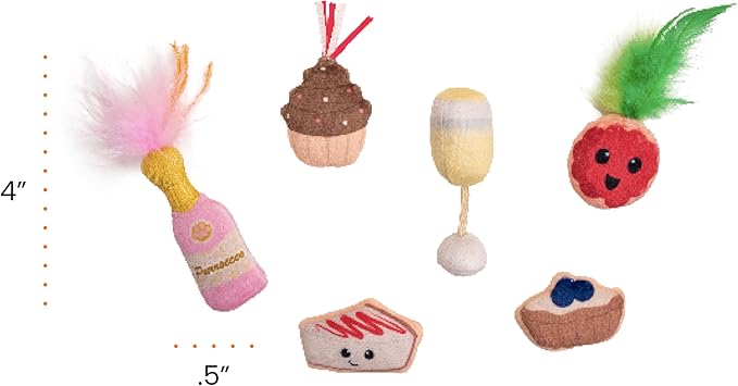 Catstages Purrsecco & Cupcakes Cat Toys, 6-Pack Catnip Toys with Feathers, Crinkle & Mesh, Multicolored