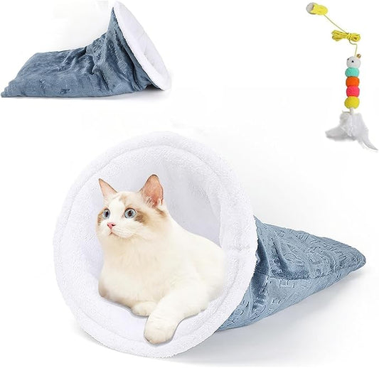 Cozy Cat Winter Sleeping Bag - Self-Warming 360 Wrap Cave Bed, Soft Plush Large Sack for Indoor Cats (B)