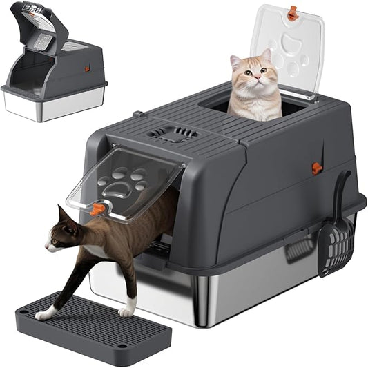 Stainless Steel Litter Box with Lid, 180° Flip-Top Extra Large Enclosed Litter Box, Anti-Leakage Covered Cat Litter Pan with Litter Scoop, Filter Pedal, Odor Free, Front and Top Dual Entry