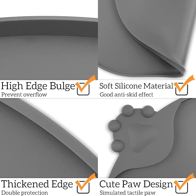 KPWACD Silicone Pet Placemat for Dogs and Cats, Non-Slip Waterproof Pet Feeding Bowl Mat Prevent Food and Water Overflow, High-Lips Puppy Dish Tray Mats Suitable for Large Medium Small Pets, Grey