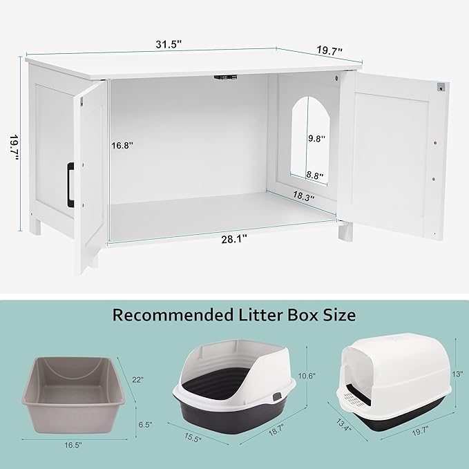 Homhedy Cat Litter Box Enclosure, Wooden Cat Washroom Furniture with Barn Door, Pet House, Fit Most of Litter Box, White