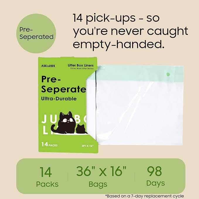 14 Count Cat Litter Box Liners, Drawstring Large/Jumbo Cat Litter Liner Bags For Litter Box, Kitty Litter Liner Heavy Duty Pre-Separated 36" x 16"