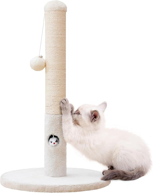 Cat Scratching Post for Kitten, 23in Tall Cute Small Cat Scratching Post with Premium Sisal Rope and Dangling Cat Toy Balls (White