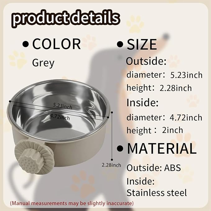 2Pcs Pets Lightweight Stainless Steel Bowl,Removable Stainless Steel Pet Hanging Food Water Feeder Bowl Cage Coop Cup for Puppy Medium Dog Cat Rabbit Ferret Bird Gunea Pigs (Gray, M)